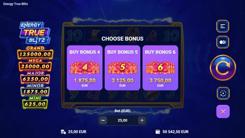Energy True Blitz - bonusköpsmeny