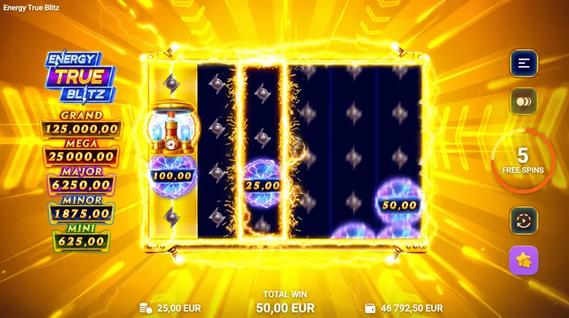 Energy True Blitz - blixtar och spinn i huvudspelet